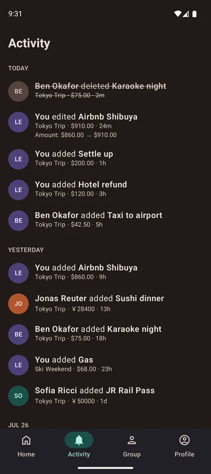The activity feed showing recent expense changes by group members