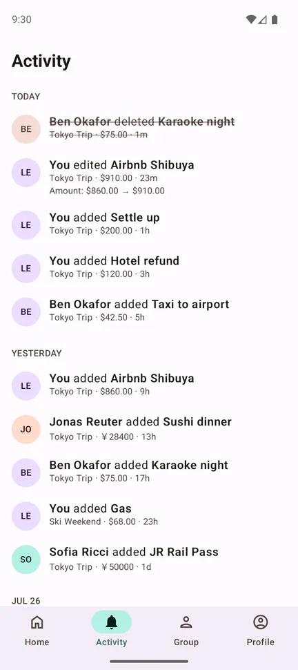 The activity feed showing recent expense changes by group members
