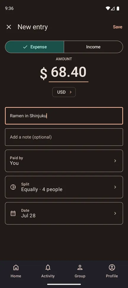 The new-entry form with an amount, a description, who paid and how the expense is split