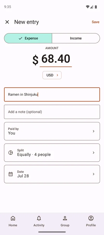The new-entry form with an amount, a description, who paid and how the expense is split
