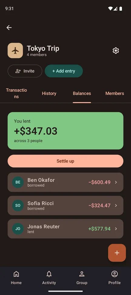 The balances tab of a group, showing who lent what and a settle-up button