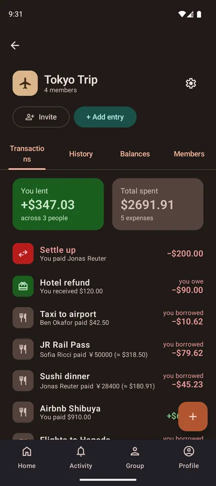 A group's transaction list with flights, accommodation and dinner entries, above cards for the amount you lent and the total spent