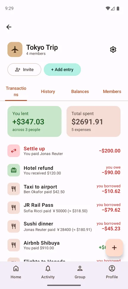 A group's transaction list with flights, accommodation and dinner entries, above cards for the amount you lent and the total spent