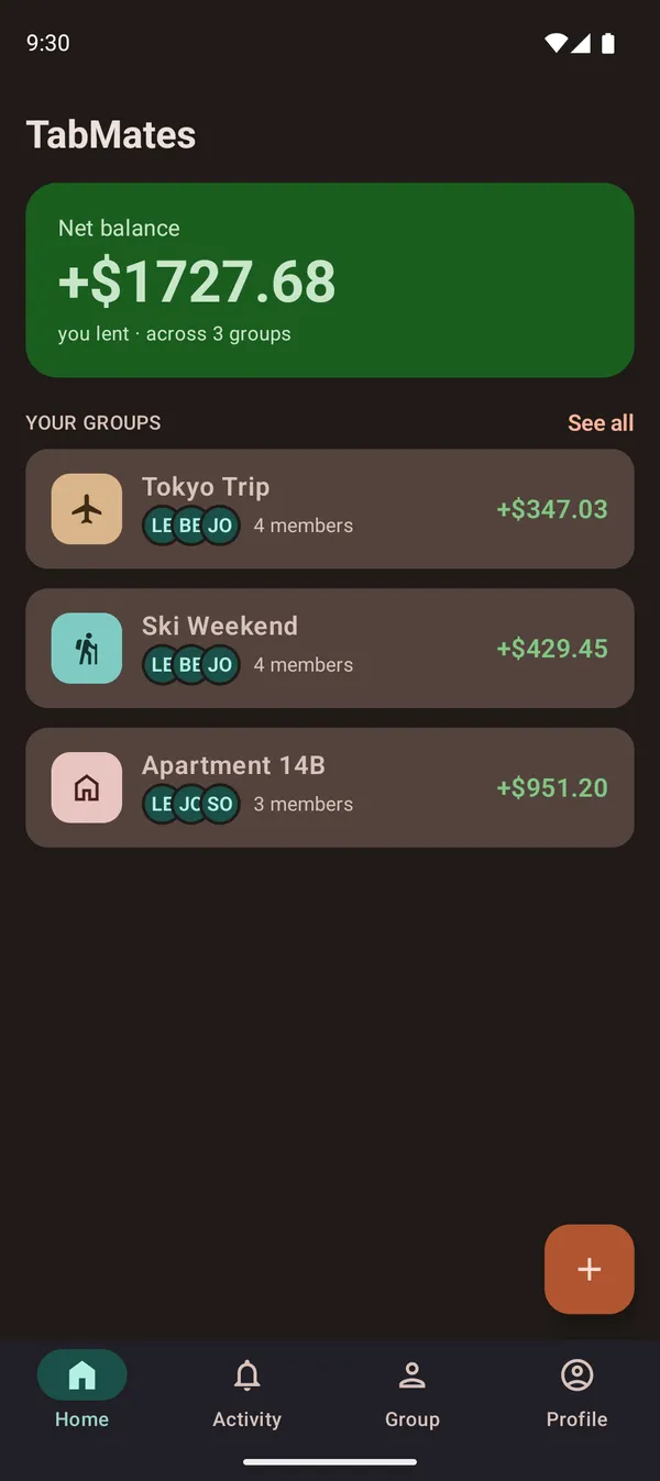 The TabMates home screen, showing a positive net balance and a list of expense groups