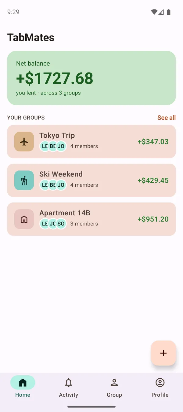 The TabMates home screen, showing a positive net balance and a list of expense groups